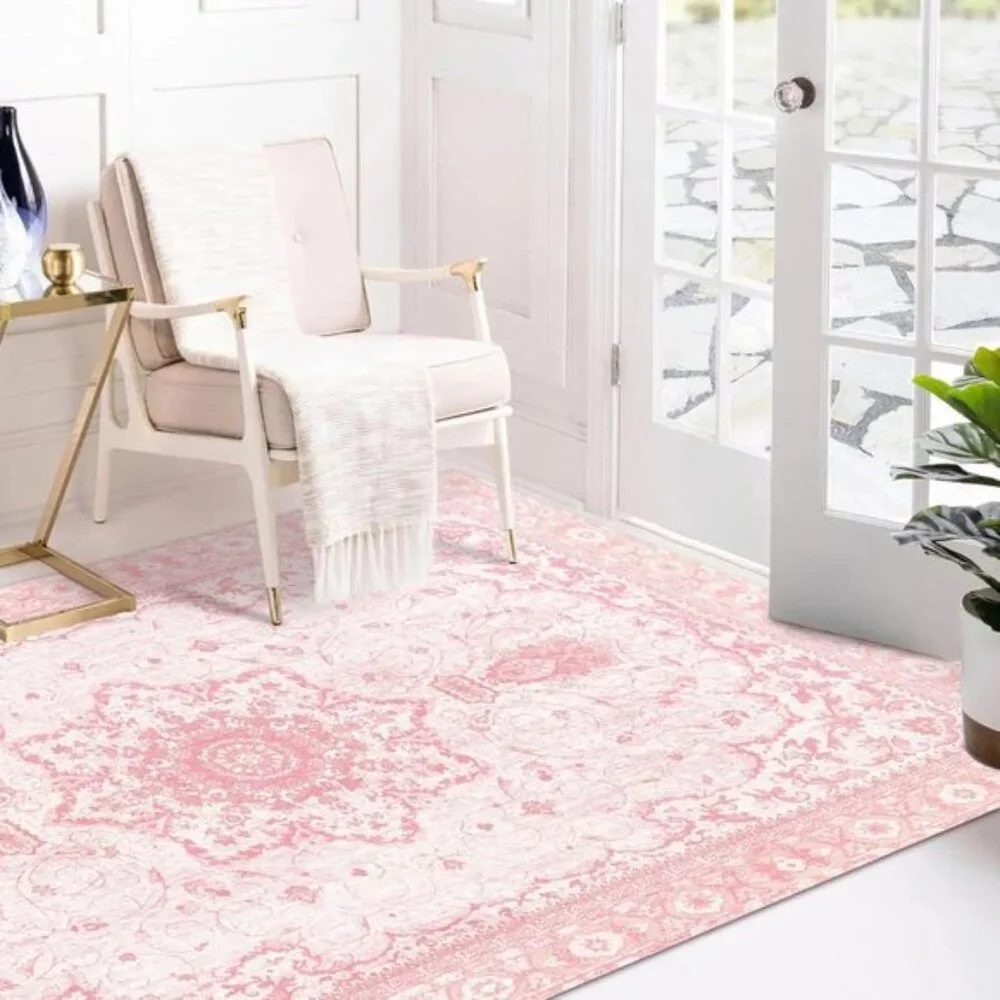 New 5x7 Pink Vintage Floral Rug Soft Washable Non-Slip Carpet for Home Decor